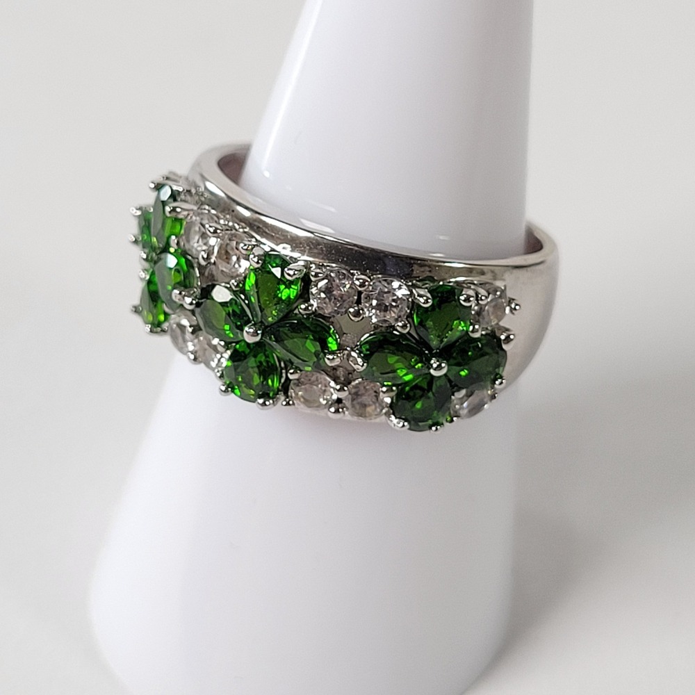 Sterling 925 JZ China Green & Clear Stone Floral Cluster Ring 5.8g Size 8.5
